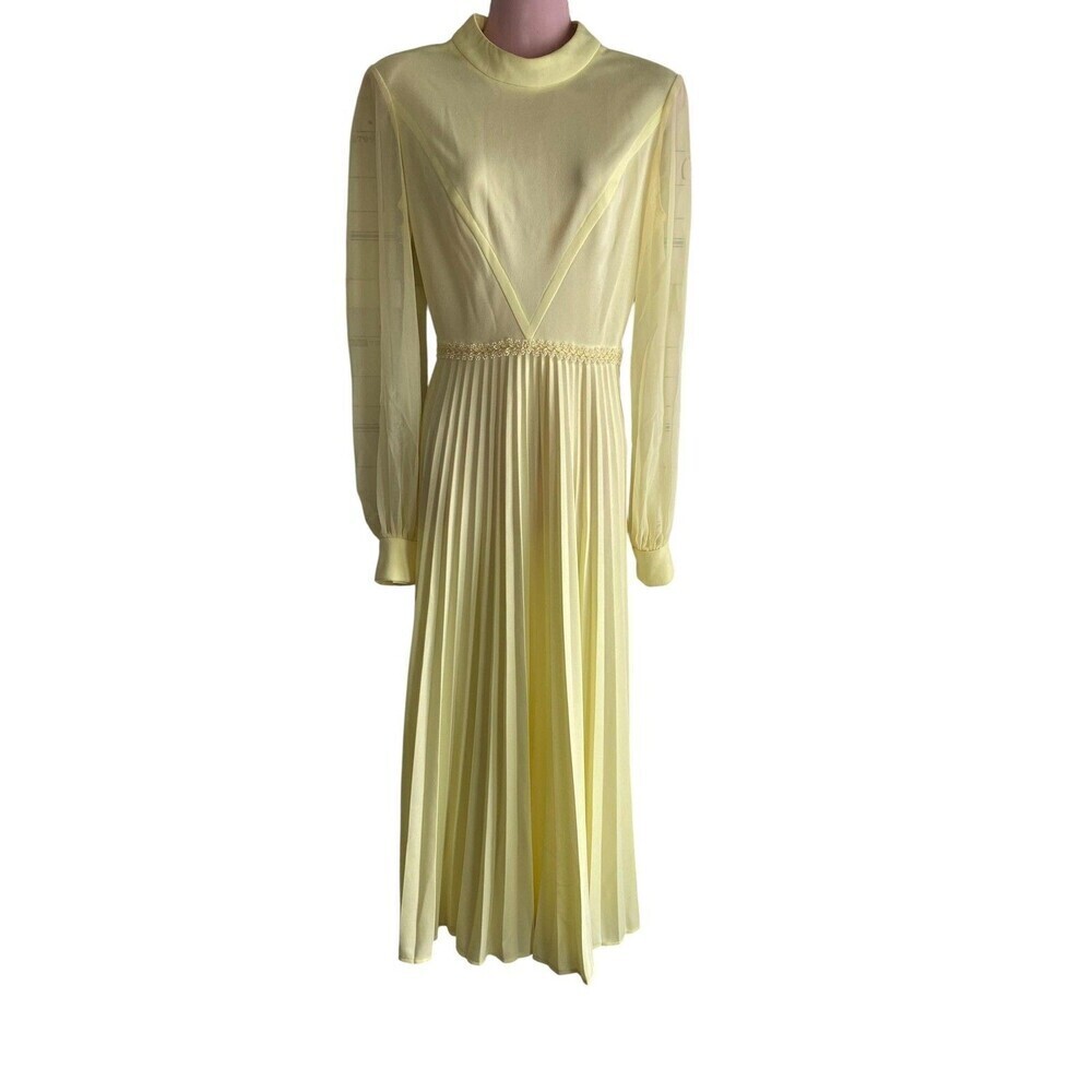 Vintage Miss Rubette Dress Womens Medium Yellow Beaded Pleated Maxi 70s